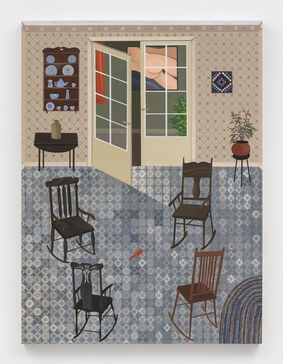 Painting of a room with several rocking chairs, patterned floor, open doors to a garden, and a wall shelf of plates.