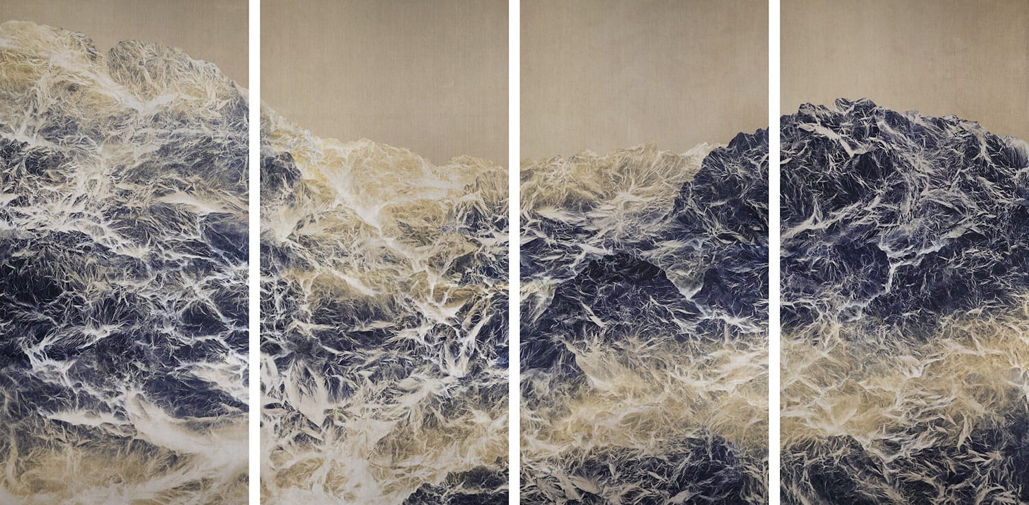 Abstract artwork featuring four panels with textured waves in shades of blue, white, and beige, depicting a dynamic seascape.