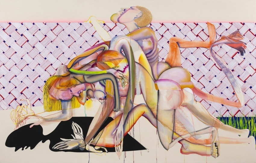 Abstract painting with intertwined human figures in vibrant colors against a geometric patterned background.