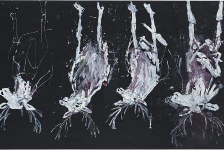 Abstract painting by Georg Baselitz of four animals suspended upside down against a black background.