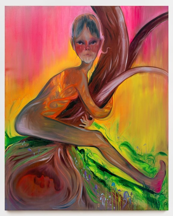 Painting of a surreal figure embracing a tree against a vibrant pink and yellow background, with flowing forms and vivid colors.