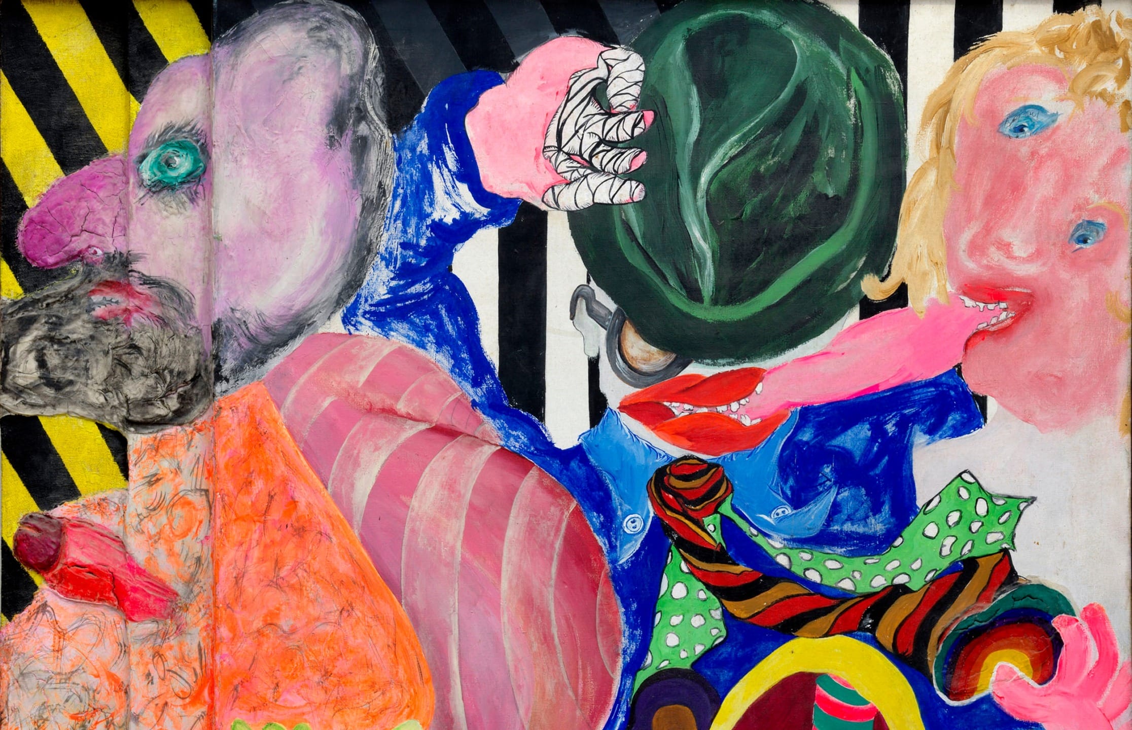 Colorful abstract painting with distorted faces, vibrant patterns, and bold brushstrokes in a chaotic composition.