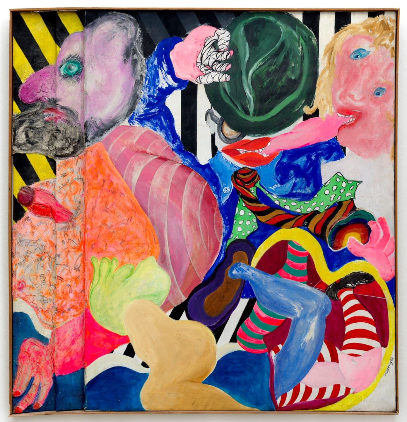 Colorful abstract painting with distorted human figures and bold patterns featuring stripes and polka dots.