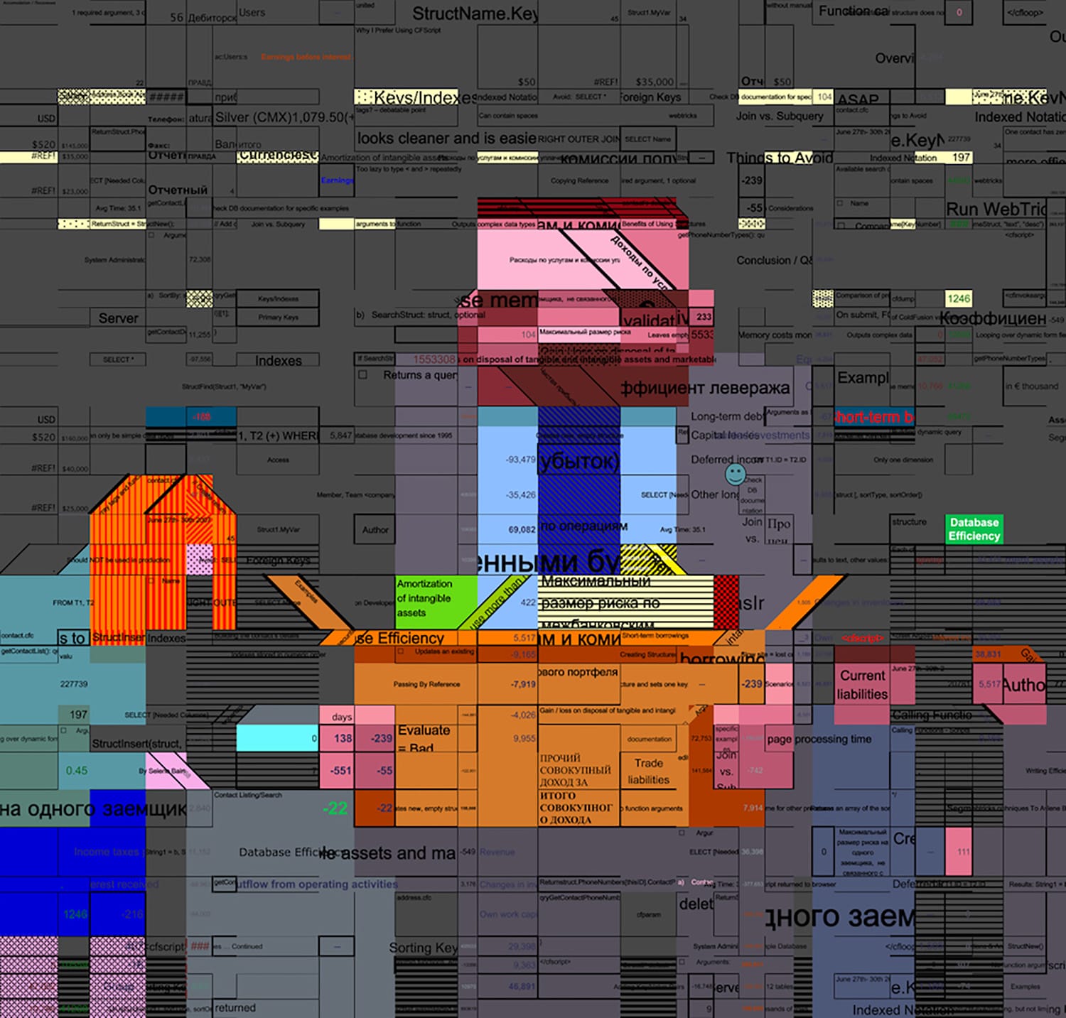 Abstract digital art with layered blocks and text in various colors and sizes, forming a complex mosaic pattern.