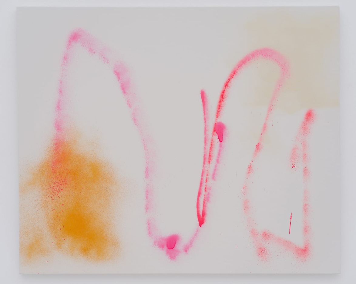 Abstract art with pink and orange spray paint strokes on a light gray canvas.