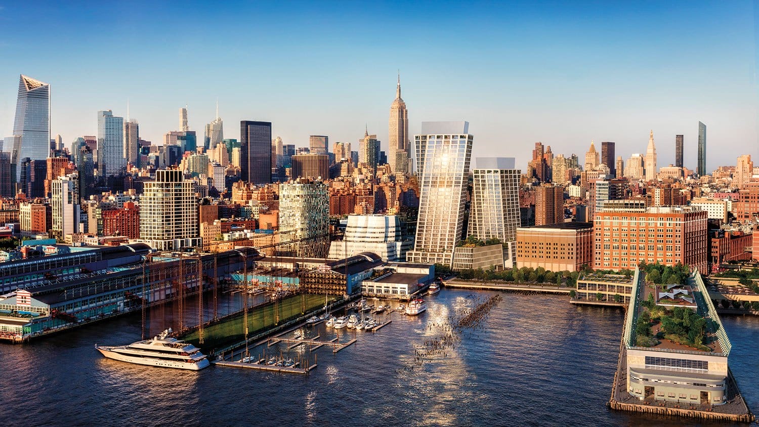 Aerial view of New York City skyline with prominent skyscrapers and marina along the Hudson River during daytime.