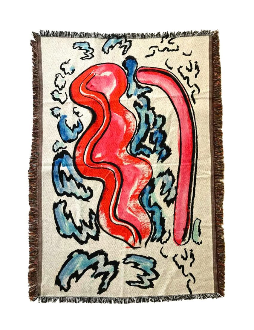 Abstract art tapestry featuring bold red and blue shapes with wavy patterns on a textured fabric background.