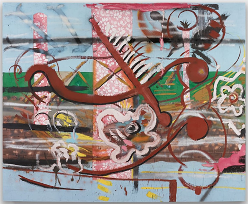 Colorful abstract painting with swirling patterns, geometric shapes, and floral motifs on a textured background.