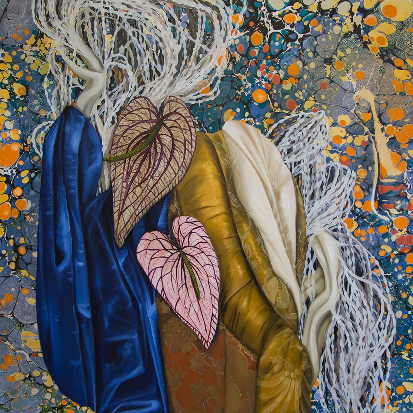Abstract painting with vibrant colors, featuring blue and gold hues, leaf patterns, and white flowing textures.