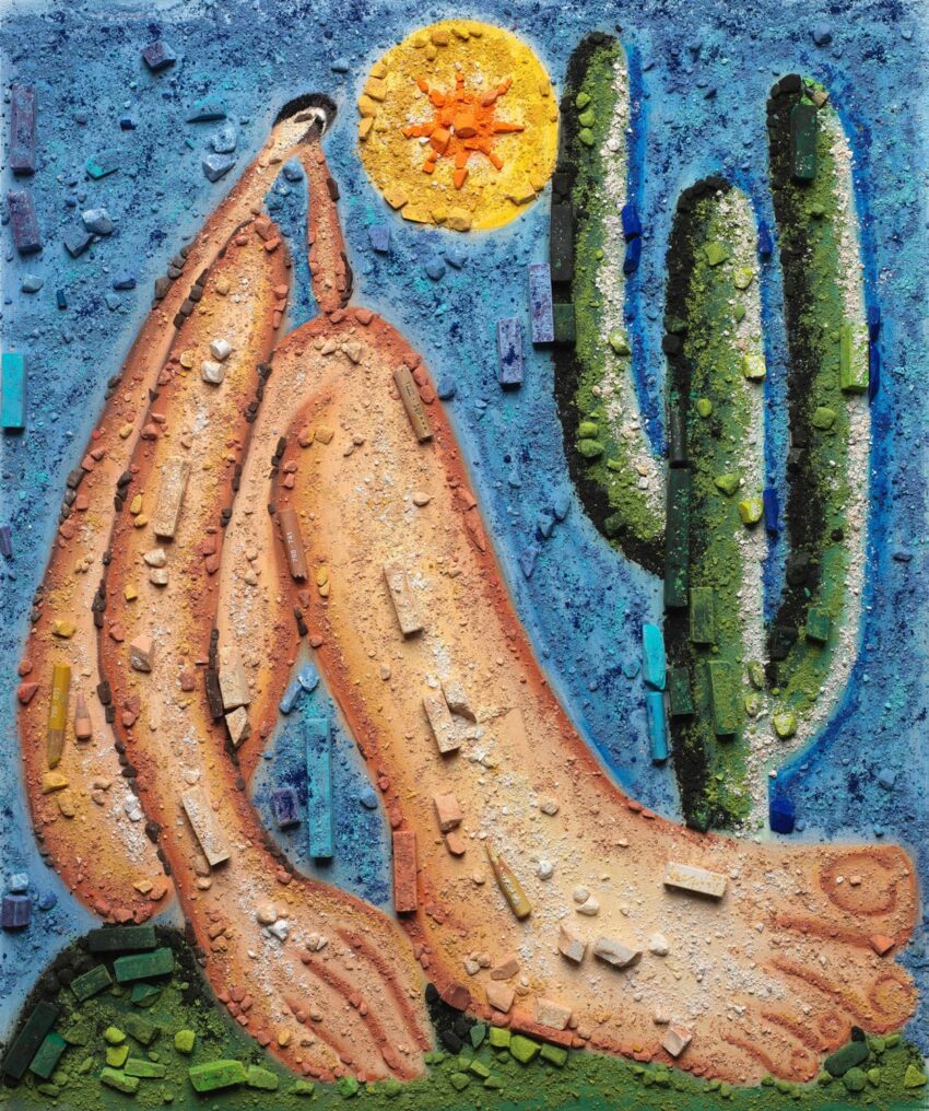 Surreal artwork of elongated legs in a desert with a sun and cactus, texture and vibrant colors enhance the whimsical scene.