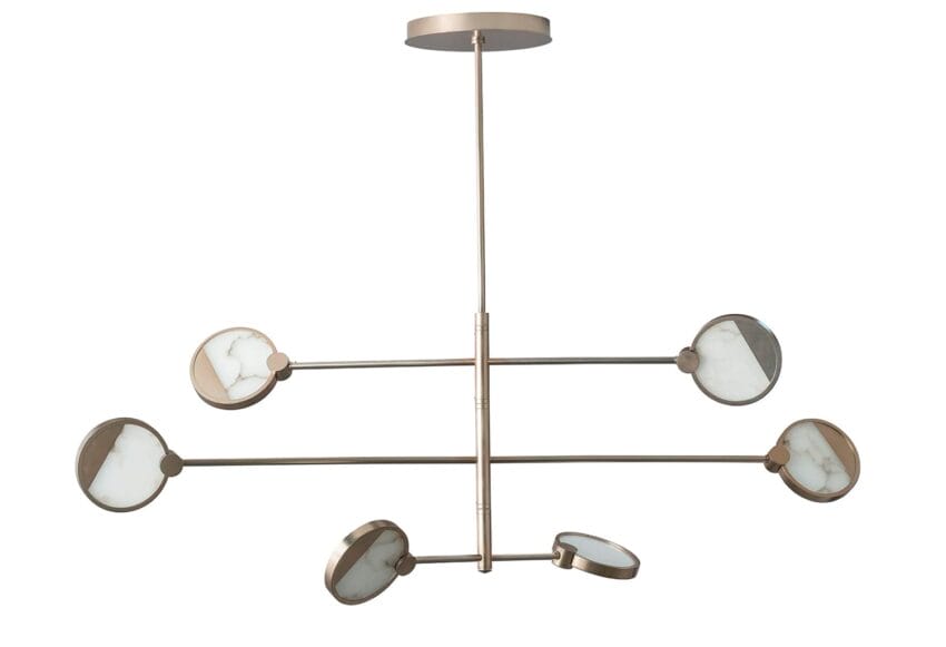 Modern gold chandelier with six adjustable circular lights on horizontal rods, featuring marble-like accents.