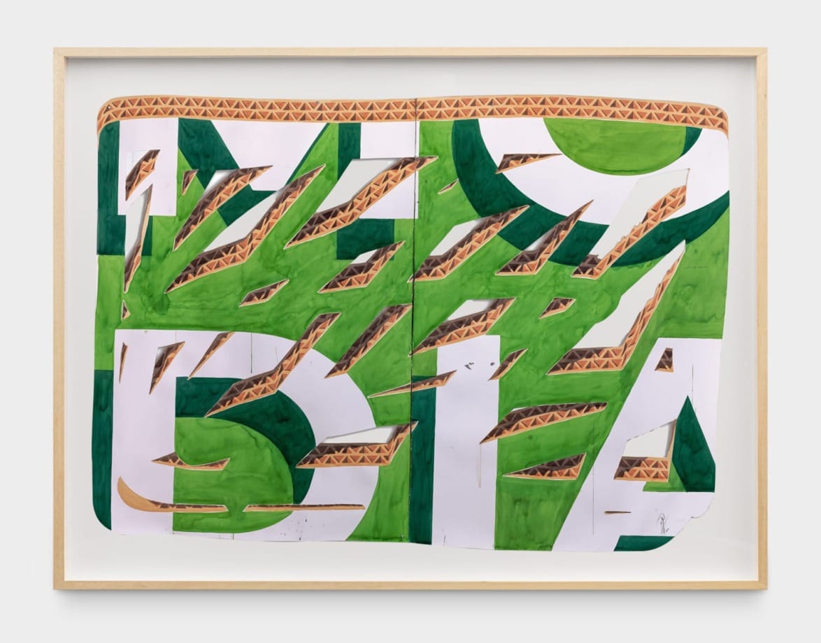 Abstract art with green and orange geometric patterns on a white background framed in light wood.