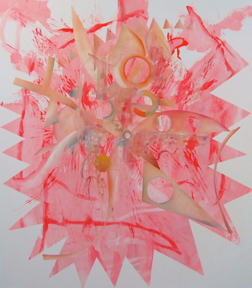 Abstract painting with dynamic pink shapes, including circles and triangles, creating a vibrant and energetic composition.