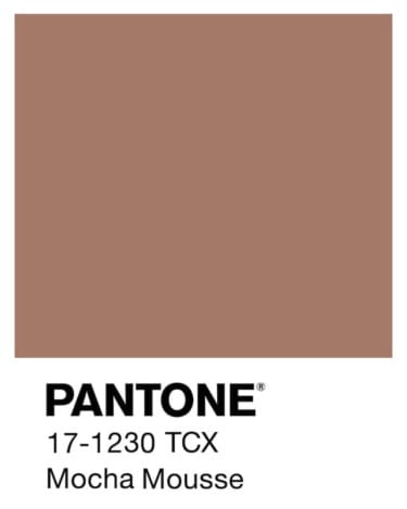 Pantone color swatch 17-1230 TCX called Mocha Mousse, featuring a warm brown shade.