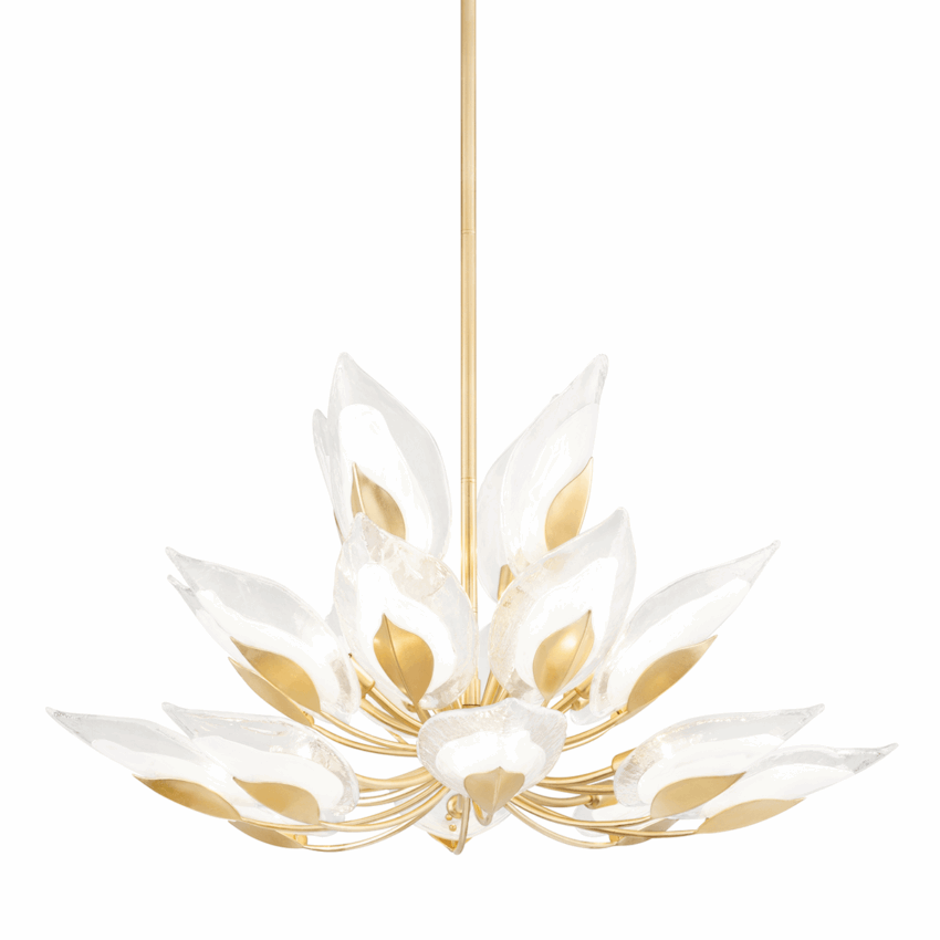 Elegant gold and white chandelier with leaf-shaped glass fixtures suspended from the ceiling.