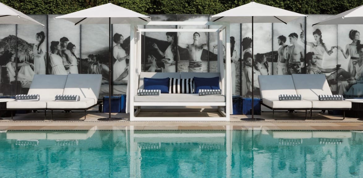 Odyssey, the hotel's elevated pool area, was created by Karl Lagerfeld and features 18 etched backlit glass panels depicting models draped in Lagerfeld-designed togas. The heated saltwater pool is open year-round.