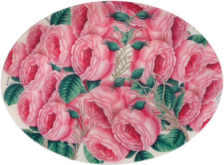 Oval plate with a colorful design of pink roses and green leaves, creating a vibrant and floral pattern.