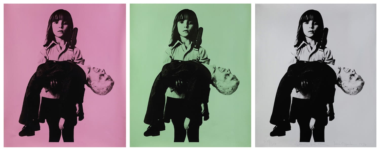 Three identical images of a girl holding an adult, with pink, green, and white backgrounds displayed side by side.