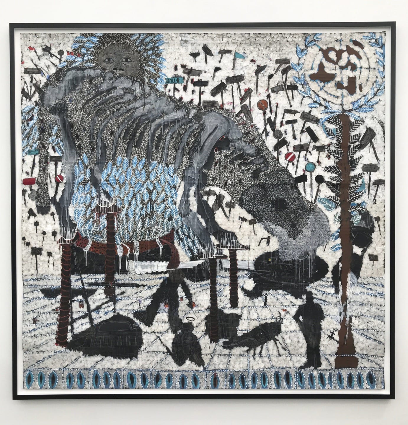 Abstract artwork featuring a large figure with a textured surface, surrounded by smaller figures and various tools in a chaotic setting.