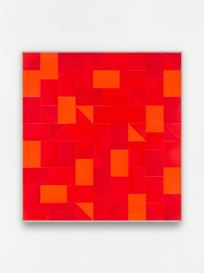 Abstract geometric painting with vibrant red and orange rectangular shapes arranged on a square canvas.