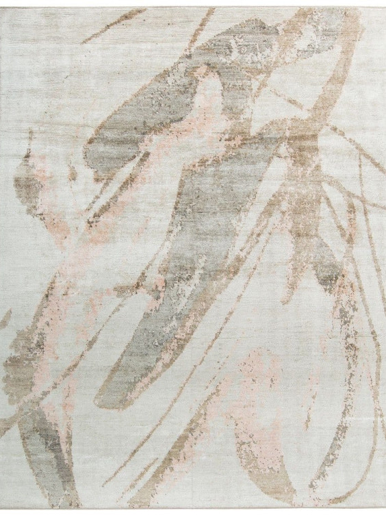 Abstract patterned rug with soft beige, gray, and pink brush strokes on a light background.