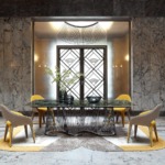 Elegant dining room with marble walls, modern table, and stylish chairs, featuring artistic lighting and decorative plants.