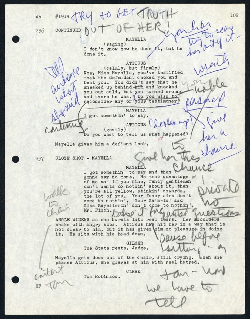 Annotated movie script page with handwritten notes, dialogue, and character interactions.
