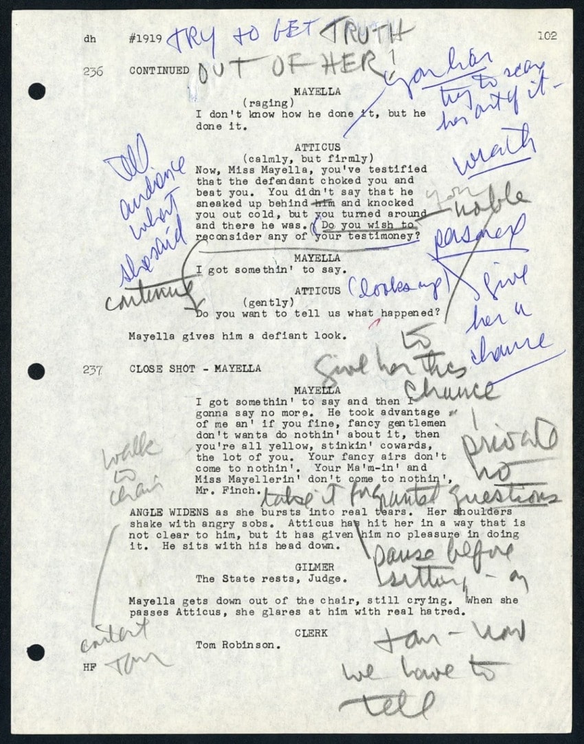 Annotated movie script page with handwritten notes, dialogue, and character interactions.