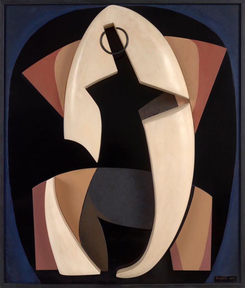 Abstract geometric artwork with interlocking shapes in beige, brown, and black on a dark background.