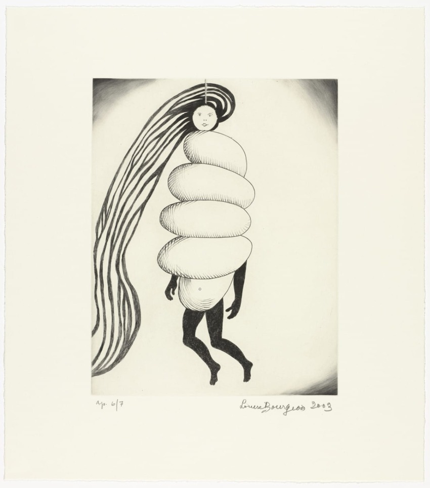 Abstract drawing of a figure with a spiraling body and long flowing hair, signed by the artist at the bottom.