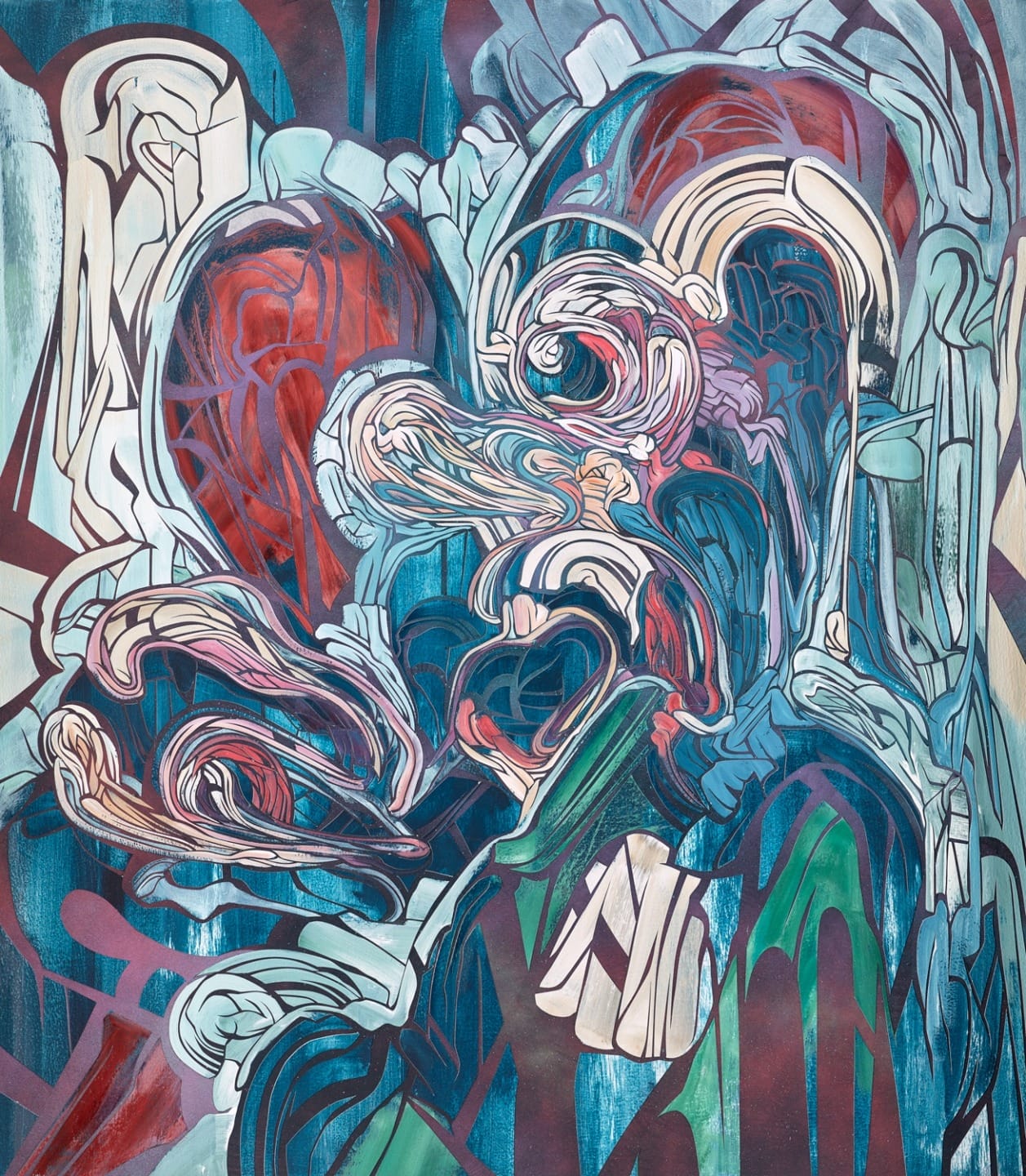 Abstract painting with swirling shapes and vibrant colors, featuring blues, reds, and greens in a complex, layered composition.