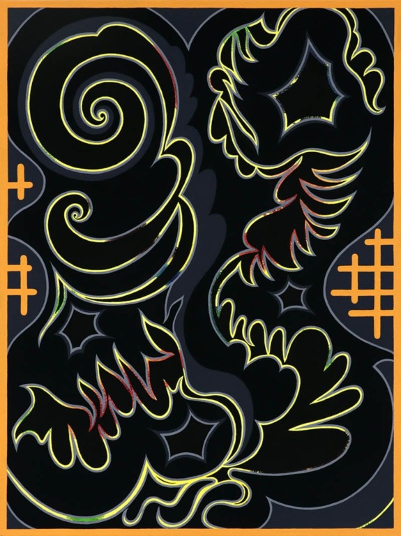 Abstract art with swirling and wavy neon lines on a dark background, featuring spiral and star-like shapes.
