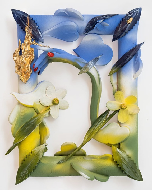 Abstract artwork with blue arm, golden hand, and colorful flowers intertwined in a vibrant, dynamic composition.