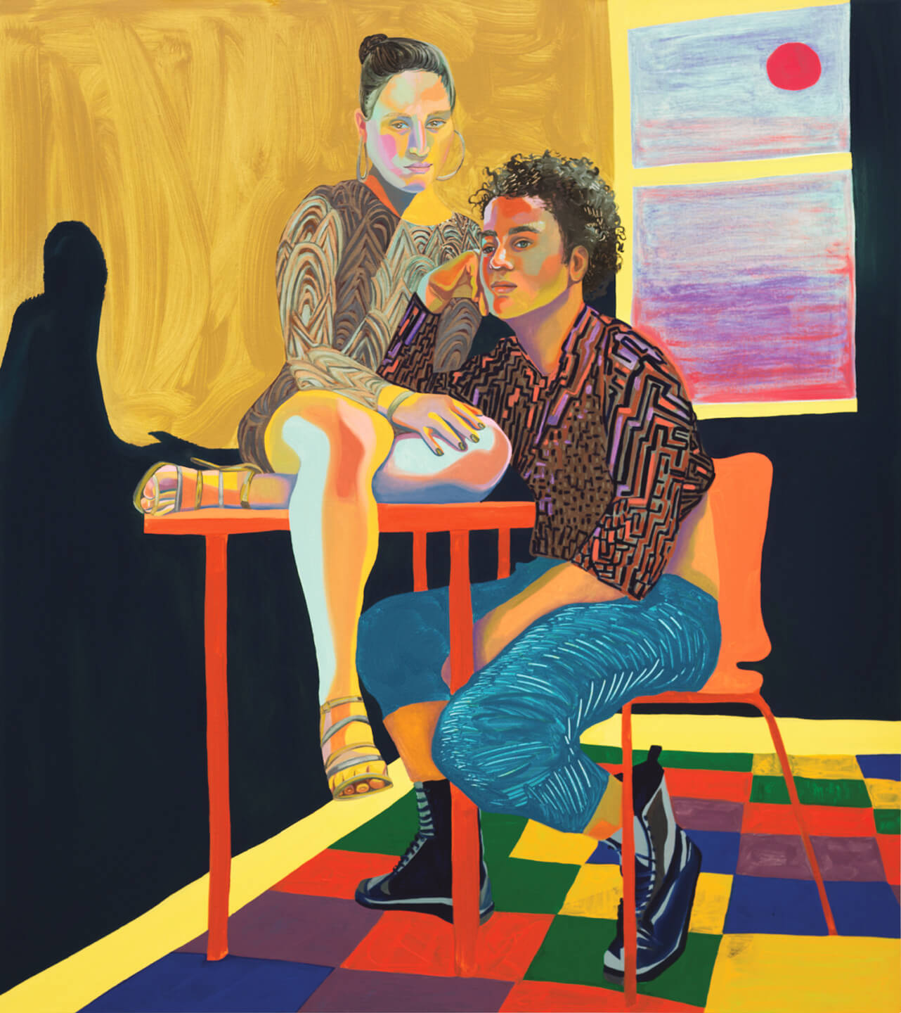 Colorful abstract painting of two people sitting on vibrant furniture against a checkerboard floor and vivid background.