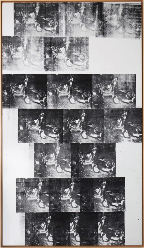 Black and white artwork showing repeated images of a woman with a stroller, with varying levels of contrast and clarity.