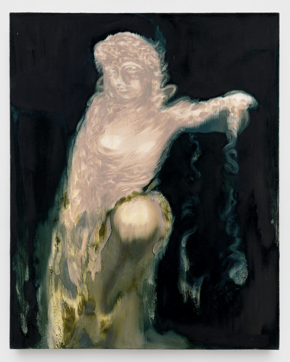 Abstract painting of a ghostly figure with blurred edges against a dark background, showcasing a mix of light and dark colors.