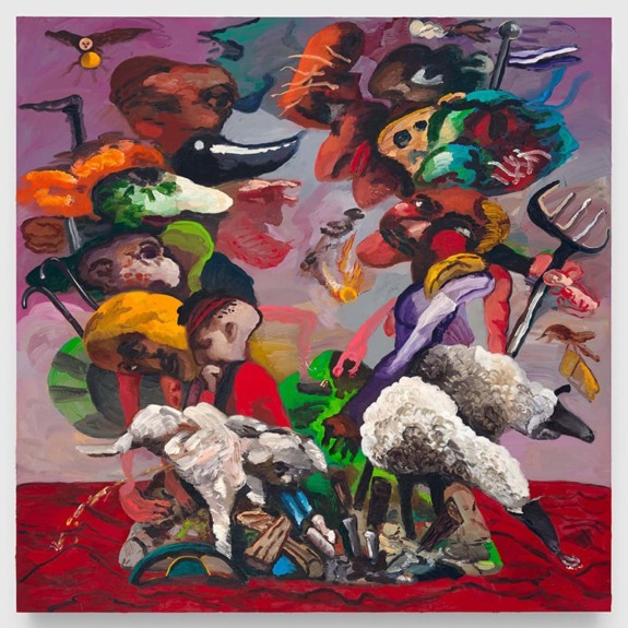Surreal painting with abstract shapes, animals, and human figures on a vibrant red background.