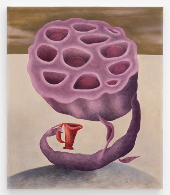 Surreal painting of a pink, hollow, organic form with a red, pitcher-like object against a neutral background.