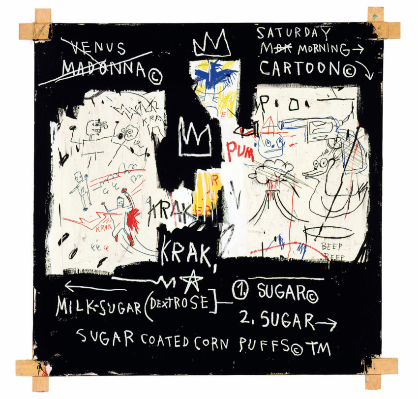 Abstract artwork featuring crowns, scribbles, and text phrases like "KRAK" and "SUGAR COATED CORN PUFFS" with vivid drawings.