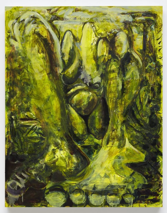 Abstract painting in yellow and green tones with swirling, organic shapes and textures resembling a vivid natural landscape.