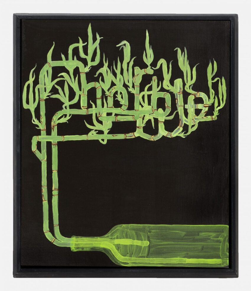 Abstract painting of a green plant-like structure emerging from a horizontal bottle on a dark background.