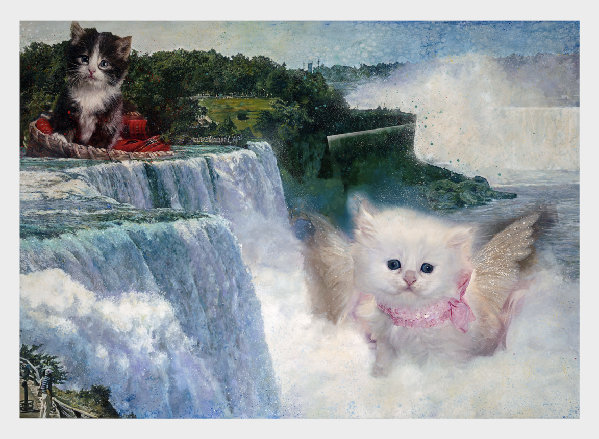 Kittens with angel wings playfully perched near a majestic waterfall in a fantasy-inspired scene.