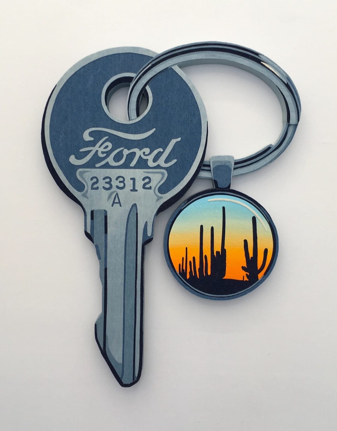 Illustrated key with "Ford" and cacti pendant against a sunset background.
