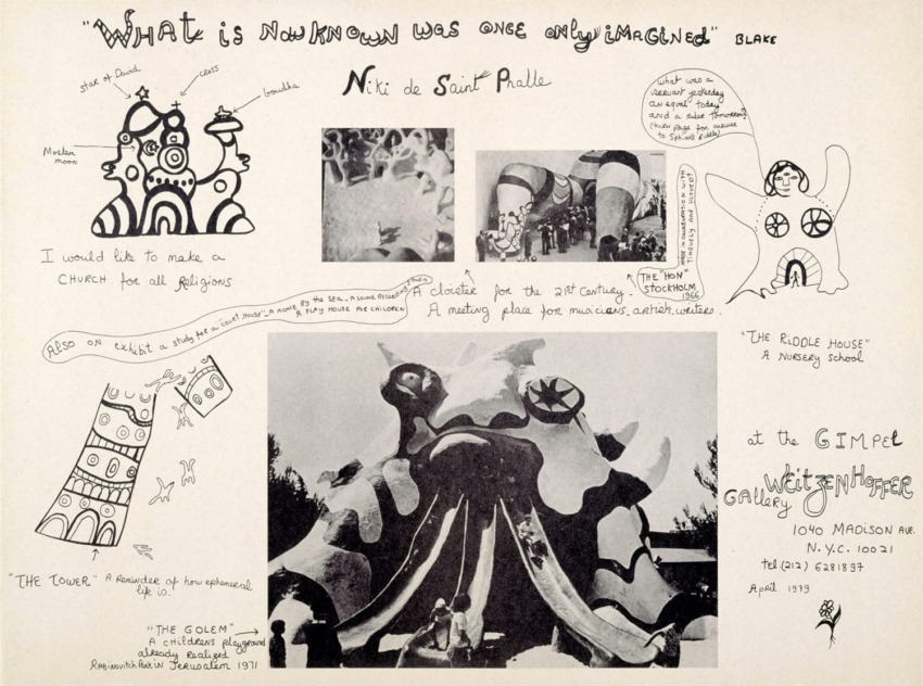 Collage of Nik de Saint Phalle's artwork with handwritten notes, sketches, and a photograph of outdoor sculptures.