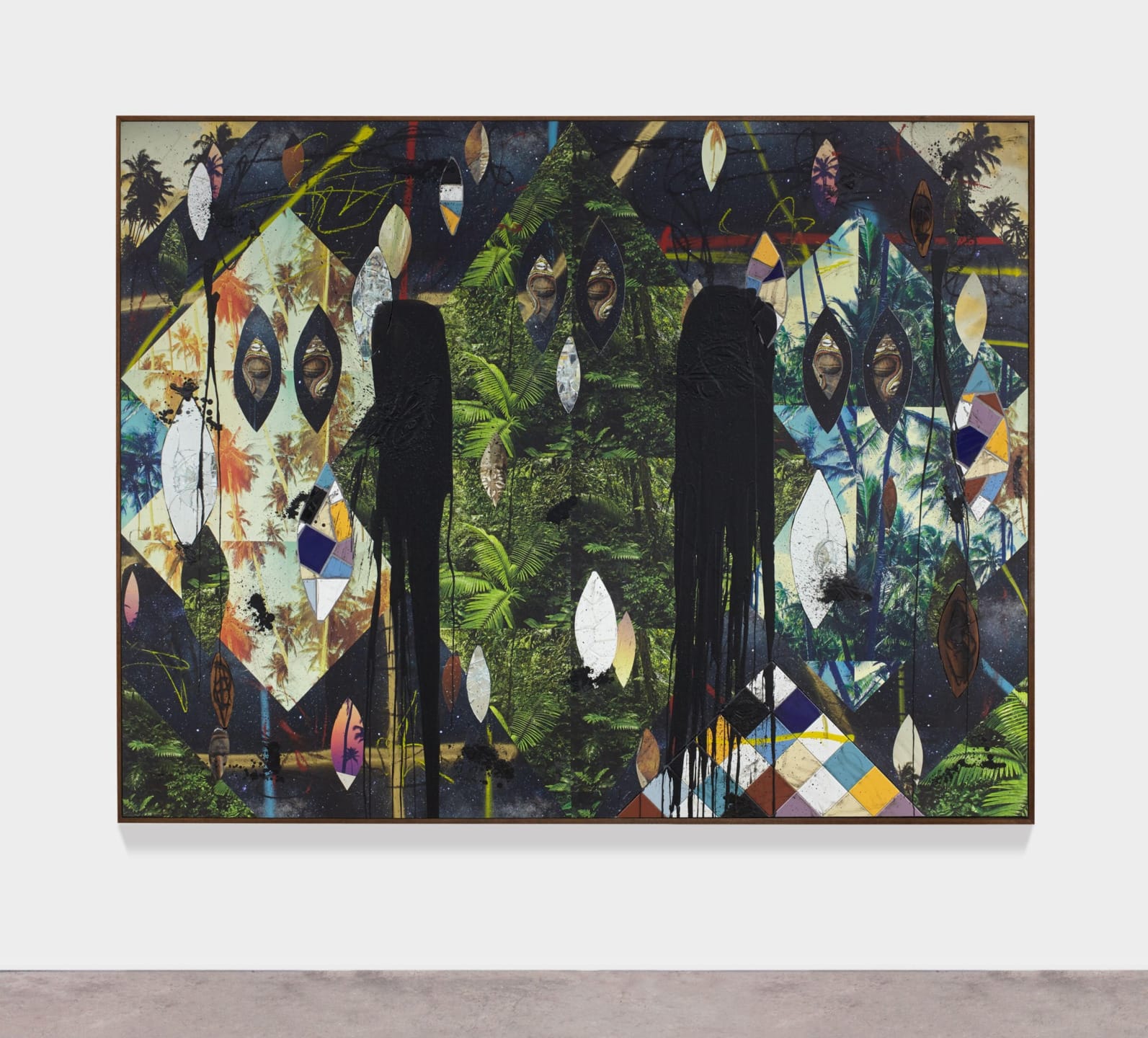 Colorful abstract painting with geometric patterns, tropical themes, and faces partially obscured by black shapes on canvas.