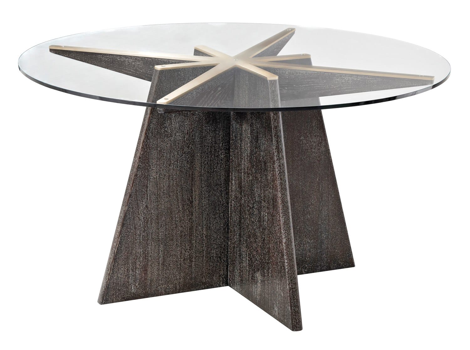 Round glass table with star-shaped wooden base