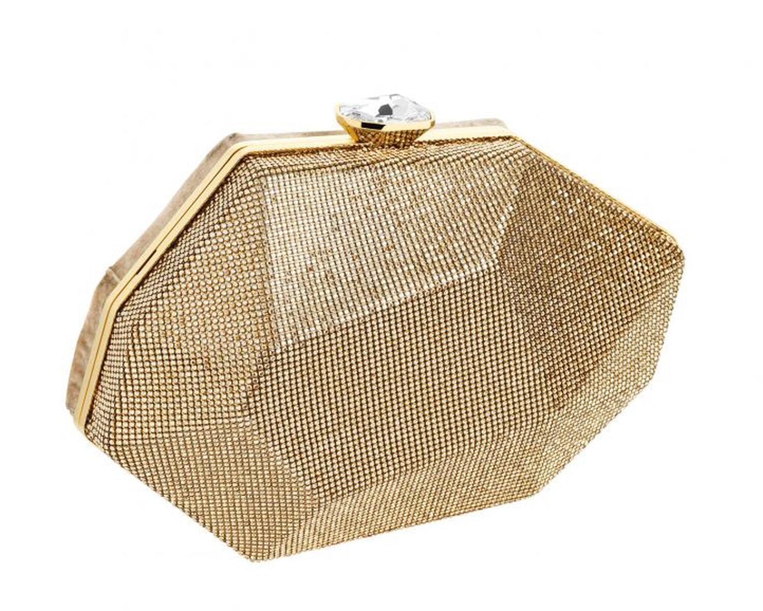 Geometric gold clutch with a textured mesh design and gemstone clasp, reflecting light elegantly on a white background.