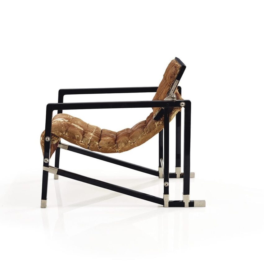 Side view of a rustic, wood-textured chair with a black metal frame on a white background.