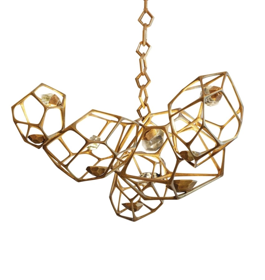 Modern geometric gold chandelier with interconnected hexagonal frames hanging from a chain.