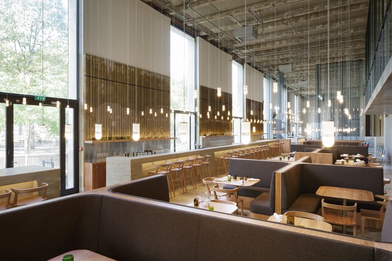 Spacious modern restaurant with wooden tables, hanging lights, and large windows creating a warm, inviting atmosphere.